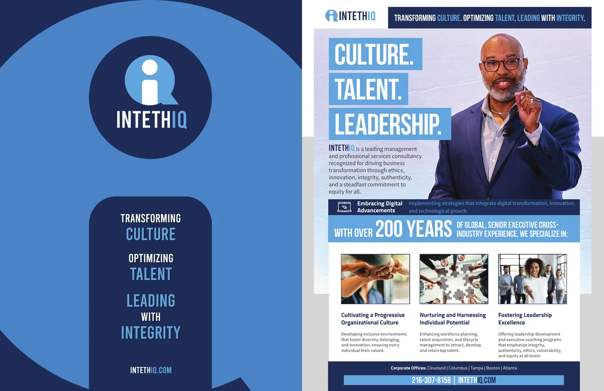 INTETHIQ corporate brochure front panel presenting culture, talent, and leadership services.