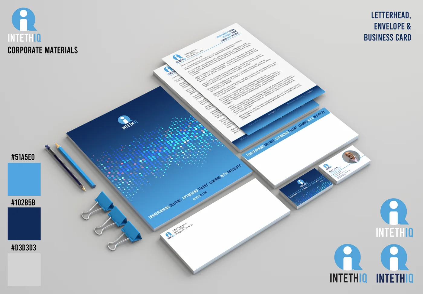 INTETHIQ corporate identity board showing stationery, business card, color, typography, and collateral applications.
