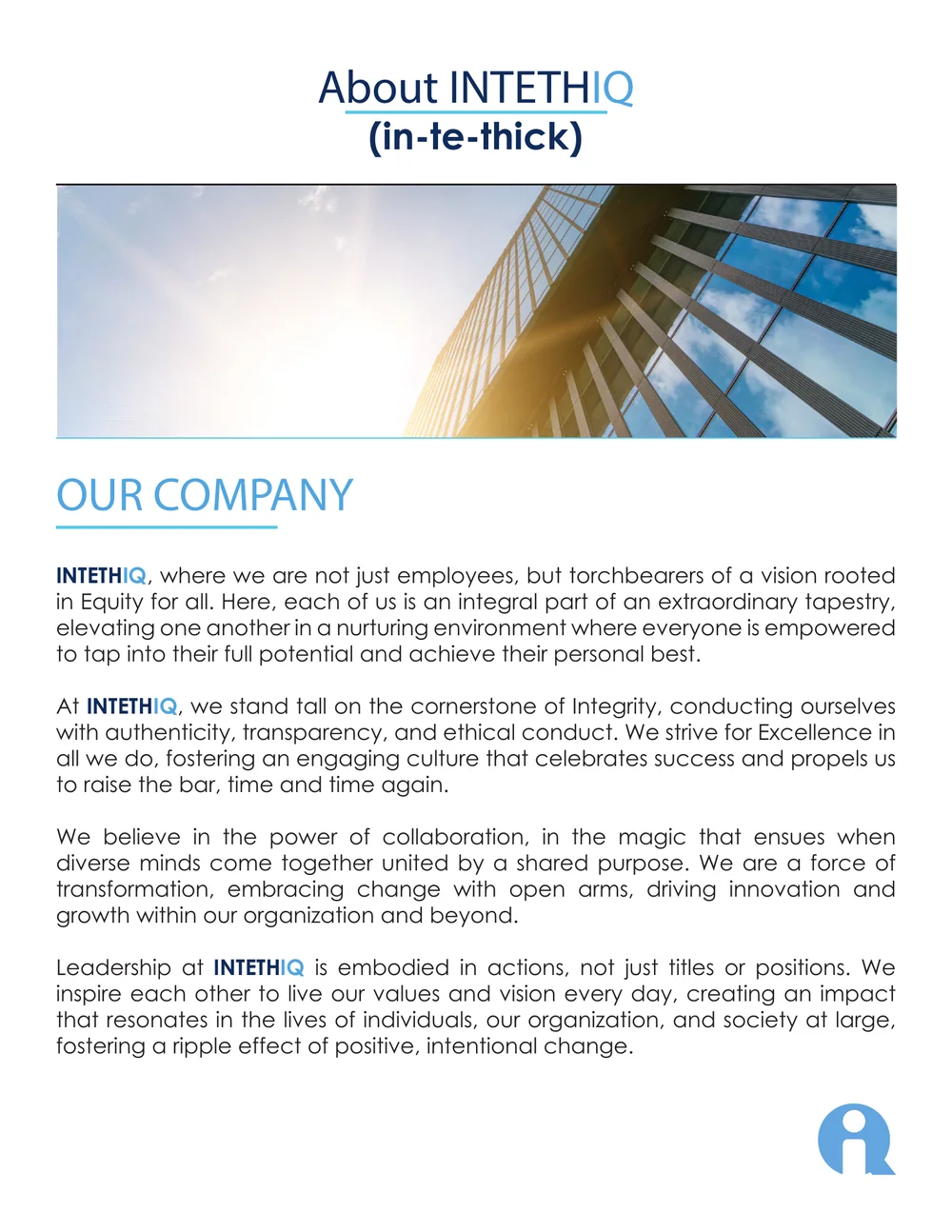 INTETHIQ proposal page introducing the company and its purpose.