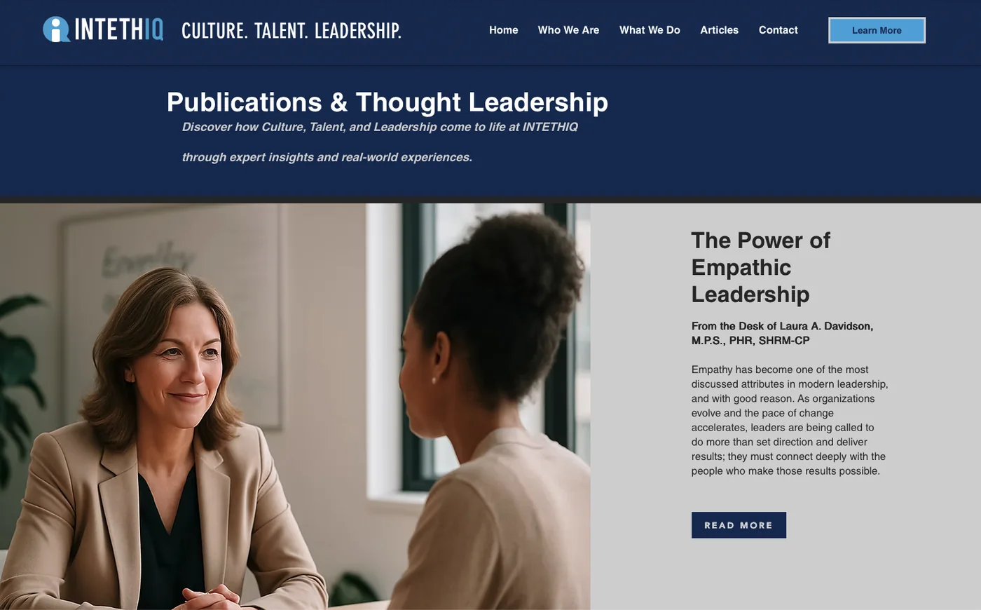 INTETHIQ Publications page showing thought leadership content operating within the digital brand system.