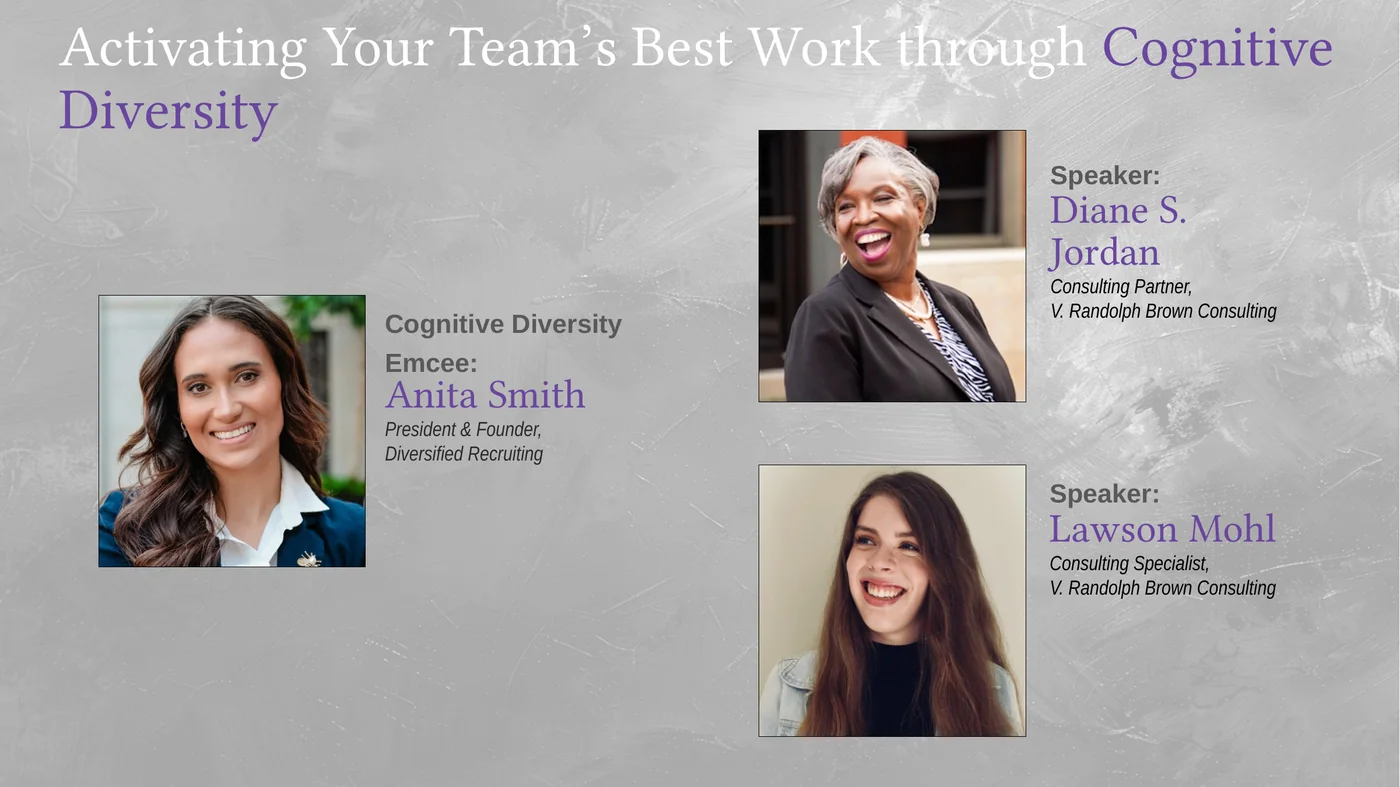Women in Thought presentation slide introducing cognitive diversity programming and featured speakers.