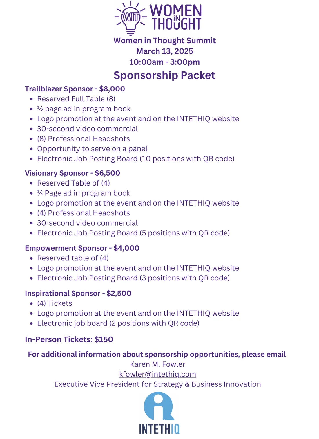 Women in Thought Summit sponsorship packet explaining sponsor options and partner participation.